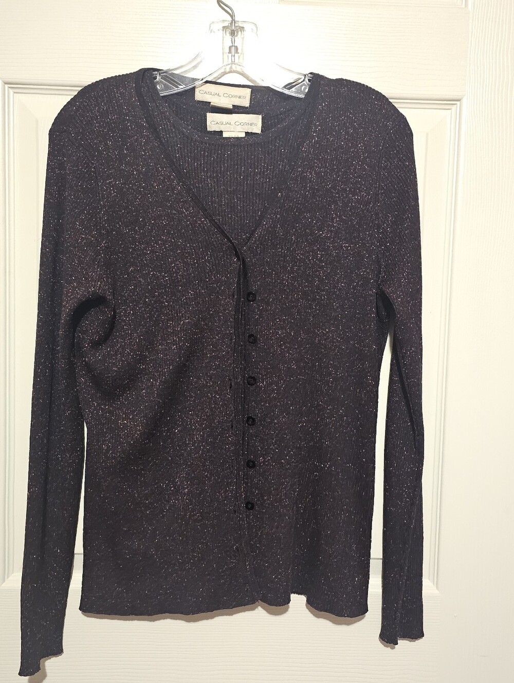 Vintage Casual Corner Black Metallic Fleck Button Sweater Set Sz L